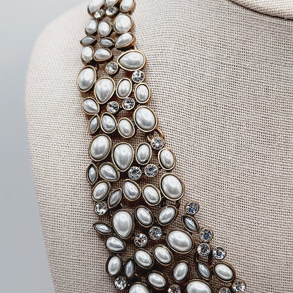 Bubblebar Gold Tone Faux Pearl Statement Necklace 20 Inch Rhinestone Collar - Picture 4 of 11